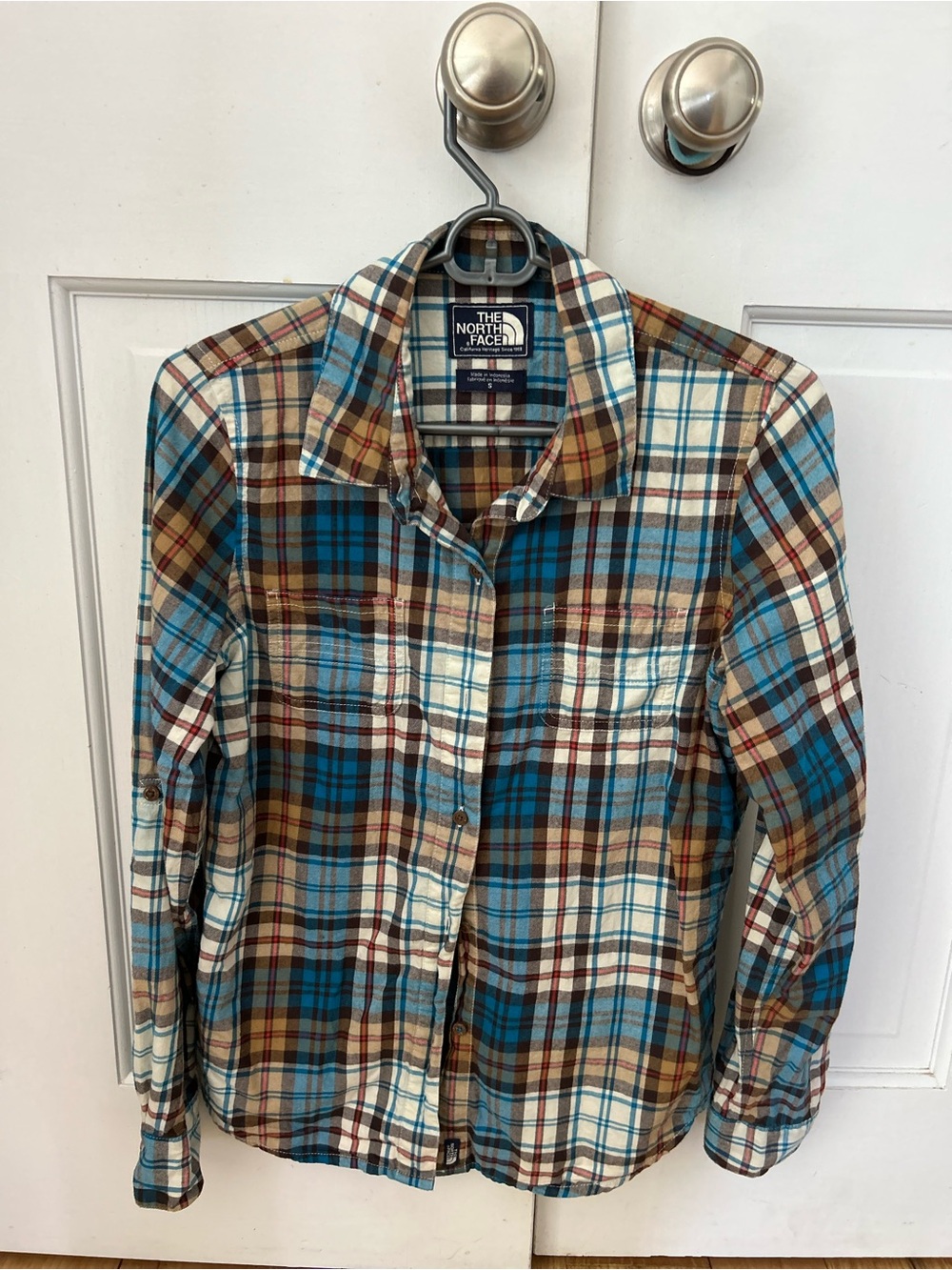 The North Face Cotton Plaid Button-Up Shirt in Teal, Brown & Cream